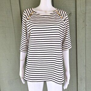 ANN TAYLOR Ivory Navy Breton Striped Top Large /gold buttons